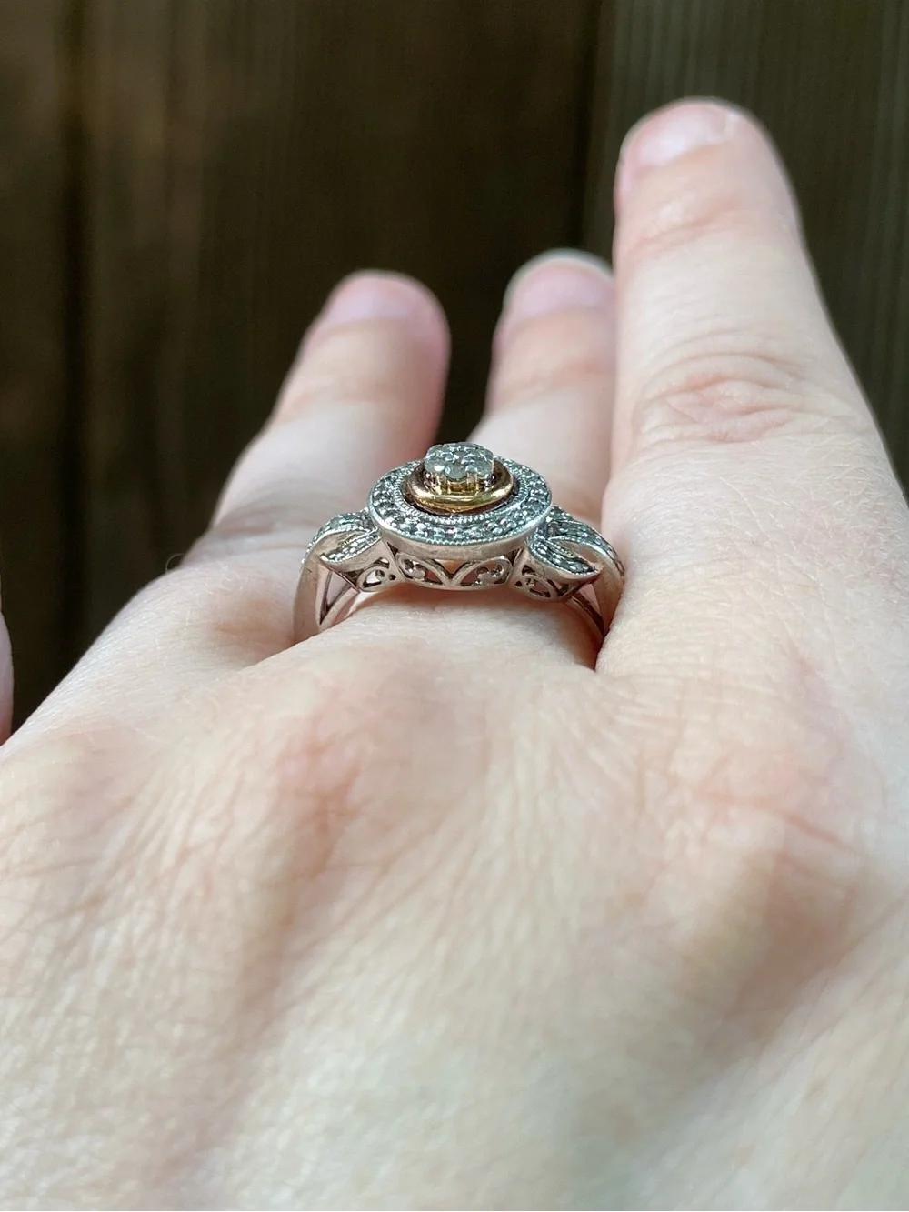 Gorgeous Sterling Silver Two-Tone Halo Diamond Ring